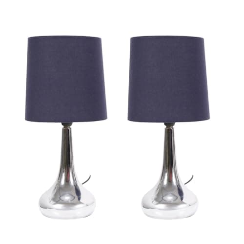 Image of ValueLights | Silver Chrome Teardrop Touch Dimmer Table Lamps with Navy Blue Shade | Home Décor, Bedside & Desk Lamp | Includes Bulb