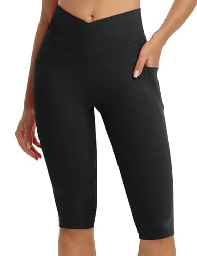 Image of baleaf Women's Knee Length Capri Leggings with Pockets Capris High Waisted Yoga Casual Workout Exercise Black M