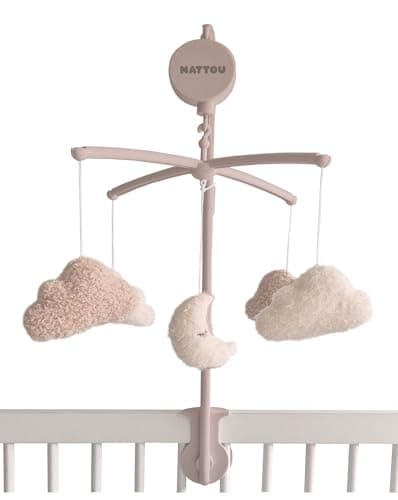 Image of Nattou Teddy, Wooden Musical Mobile, Moon Cloud, 65 cm, Sleep Soother, Baby Sleep Aid, Beige Ecru