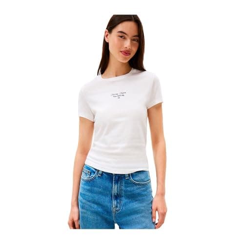 Image of Tommy Jeans Womens Tjw Slim Ess Logo 1 Tee Ext Dw0dw21542 S/S T-Shirt, White (Ecru), XS UK