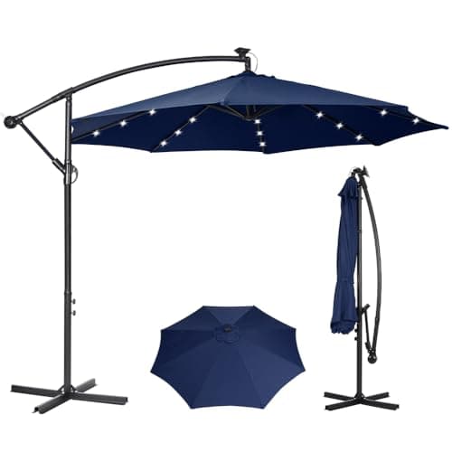 Image of Panana 3M Cantilever Garden Parasol with Solar LED Lights, Outdoor Banana Hanging Umbrella with Crank and Tilt, UV Protection Sun Shade Canopy Offset Parasol for Pool, Deck, Patio, Balcony (Dark Blue)