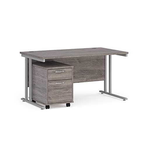Image of Mr Office Maestro 25 straight desk - with silver cantilever frame and 2 drawer pedestal bundle, Grey oak, 1400