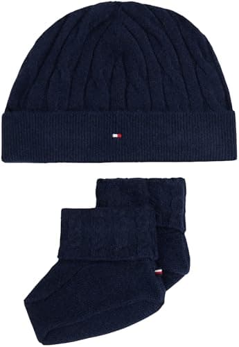 Image of Tommy Hilfiger Unisex CABLE KNIT BEANIE + BOOTIES KN0KN02157 Other Apparel Sets, BLUE (Dark Night Navy), One Size