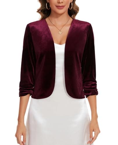 Image of MINTLIMIT Women's Velvet Open Front Burgundy Blazer Cardigans Front Lined Jackets Day to Night Coat 3/4 Sleeve Funerals (Wine Red XXL)