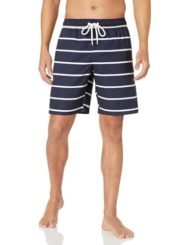 Image of Amazon Essentials Men's 9” (23cm) Swimming Shorts with Mesh Lining, Pockets, Drawstring Closure, Navy Stripes, L