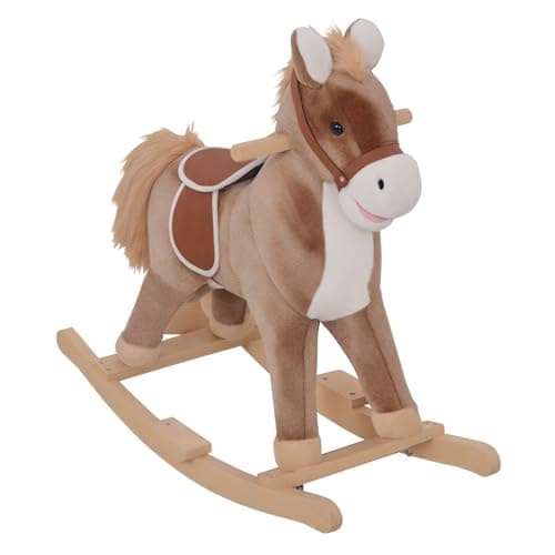 Image of HOMCOM Kids Children Plush Rocking Horse Wooden Base Ride On Toy Rocker with Handle Grip Traditional Toy Fun Gift for Age 3+ (Brown & White)