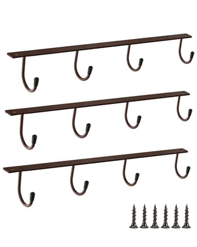 Image of Juqumty Coffee Mug Holder Under Cabinet 3 Pcs Metal Mug Rack for Kitchen, Bar, Café, Display Hanging Cups Drying Hook Coffee Cup Holders for Counter - Brown
