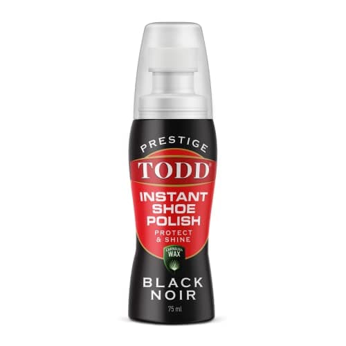 Image of TODD Prestige Liquid Shoe Polish Black with Carnauba Wax | Instant Shine and Protect for Shoes, Boots, Bags | 75ml Bottle with Sponge