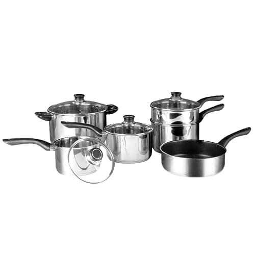 Image of Premier Housewares Pan Set, Pots and Pans Set, Saucepan Set, Non-Stick Frying Pan, 6 Piece, Stainless Steel Cookware Set, Silver, 28 x 52 x 23 cm, (0408200)