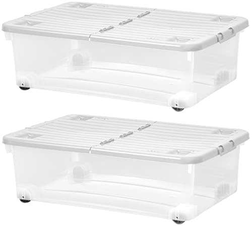 Image of Muddy Hands Pack of 2 Under Bed Storage Boxes with Lids & Wheels - 32 Litre Large Clear Plastic Stackable Containers for Clothes, Bedding & Shoes (60 x 40 x 18.5cm)