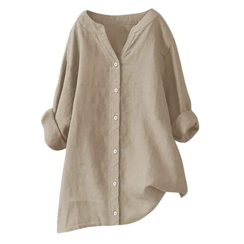 Image of TURWXGSO Women's Blouses & Shirts Long Sleeve Dressy Shirts Cotton Linen Button Up Oversized Blouses Casual Lightweight Tunic Top Ladies Long Length Tops Large Size 8-22 UK Clearance