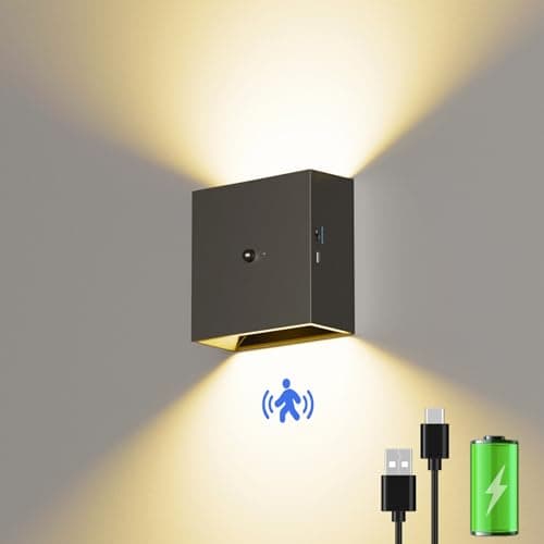 Image of Suright LED Wall Light with Motion Sensor, Rechargeable Lamp with 3 Lighting Modes (AUTO/Off/ON), 3000K Warm White Battery Operated Light for Living Room, Bedroom, Stairs, Hallway, Black