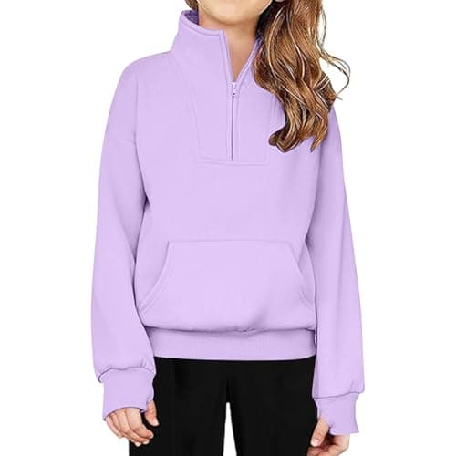 Image of duxyoz Purple Sweatshirts For Kids Girls Solid Color Long Sleeve Sweater School Jumper Hoodie Warm Fall Winter Clothes Half Zip Sweatshirt Quarter Zip Pullover Sweatshirts For Teenage 5-6 Years