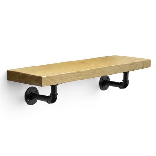 Image of MKGT Handcrafted Rustic Wooden Floating Shelf with Industrial Pipe Brackets – 22cm Deep Solid Pine Wall Shelf, 45mm Thick, Made in the UK, Includes Fixings (Antique Pine, 40cm)