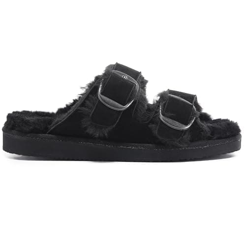 Image of Polar Women’s Faux Suede Strap Slide Sandals – Open-Toe Suede Slides with Adjustable Buckle Strap, Rubber Outsole, Plush Lining – Casual Slip-On Sandals for Indoor & Outdoor Wear - Black 5