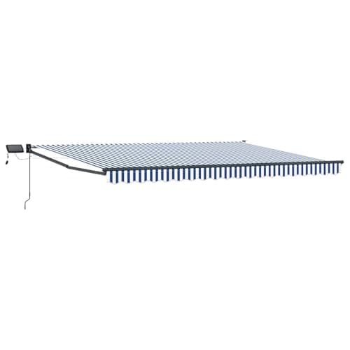 Image of vidaXL Manual Retractable Awning with LEDs Blue and White 4 x 3 m, A Modern, Durable Outdoor Sun Shade, Retractable Awning, Manual, Space Saving, LED Porch, Garden Canopy