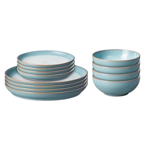 Image of Denby - Azure Blue Dinner Set for 4-12 Piece Ceramic Tableware Set Blue, White - Dishwasher Microwave Safe Ceramic, Stoneware Crockery - Includes 4 x Dinner Plates, Small Plates, Cereal Bowls