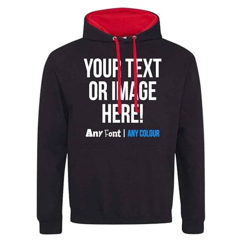 Image of Purple Print House Custom Varsity Hoodie Mens Hoody Personalised Printed Any Text Image Logo Workwear Company Contrast Colours, XL, Black/Red