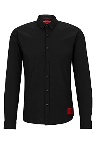 Image of HUGO Mens Ero3-W Stretch-Cotton Extra-Slim-fit Shirt with red Logo Label
