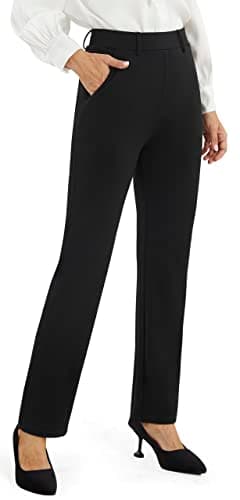 Image of AFITNE Straight Leg Black Work Trousers for Women UK - Ladies Business Office Casual Bootcut Flared Yoga Pants Pull On Womens Smart Trousers with Pockets - 31 Inches Black XL