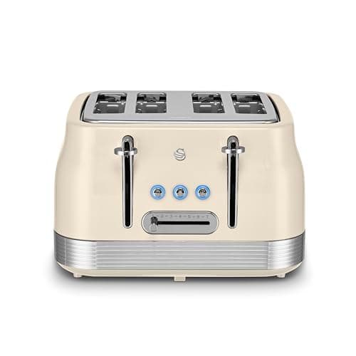 Image of Swan Retro 4 Slice Toaster with 7 Browning Levels for Toast, Breakfast Muffins & Bagels, Removable Crumb Trays, Defrost/Reheat/Cancel, Cord Storage, 1860W, Cream & Stainless Steel, ST19029C