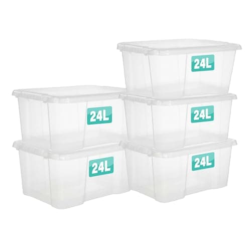 Image of 5 x 24 Litre Clear Plastic Storage Box With Lids UK BRITISH MADE Home Office Stackable Nestable Transparent Plastic Boxes, Size 5,11,24,28,35,45,62 Litre (5 Boxes, 24 Litre)