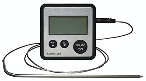 Image of KitchenCraft Digital Food Thermometer and Kitchen Timer with Probe for Meat, Sugar, Jam and More, Silver, 8 x 8 x 2 cm