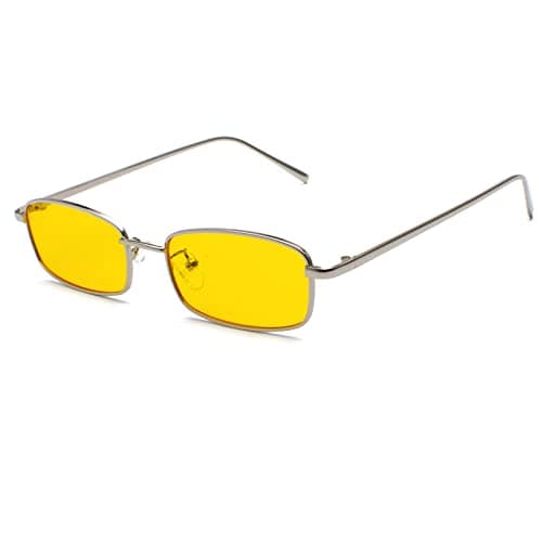 Image of Ggpyyon Vintage Narrow Rectangle Sunglasses for Women Men, Retro 90s Small Metal Frame Square Glasses Candy Colors(Silver/Yellow)