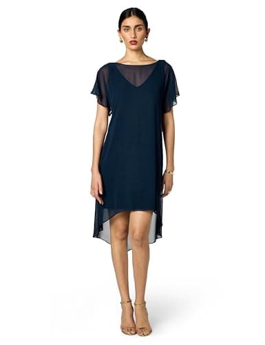 Image of Adrianna Papell Women's Chiffon Overlay Short Dress Cocktail, Navy, L