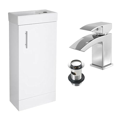 Image of The Home Store Modern Compact Floor-Standing Vanity Unit 400mm with Basin & Chrome Waterfall Tap - Gloss White