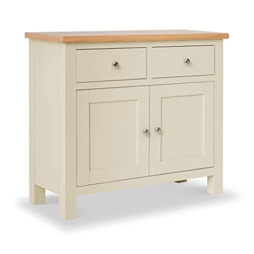 Image of RoselandFurniture Farro Cream Small Sideboard for Living Room | Fully Assembled Painted Storage Cabinet Solid Wood 2 Door Cupboard with 2 Drawers & Oak Top for Kitchen, Dining Room or Hallway