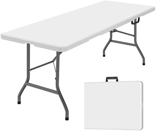 Image of DWD Rectangle Folding Trestle Table 180cm 1.8m 6ft White 70cm Depth Outdoor Folding Table Picnic,BBQ, Garden, Camping, Wedding, Party Catering, Dining,Event Presentation Bi-Fold Portable Easy Set Up