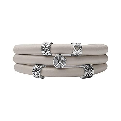 Image of Quiges Women Leather Wrap Bracelet Grey Beige 66cm with Charm Beads Silver Plated Stainless Steel Magnetic Lock
