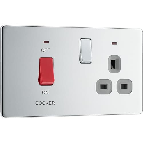 Image of BG Electrical Cooker Switch with Socket and LED, Cooker Control Unit, Control Socket, Double Pole, Screwless Front Plate, Slim Profile, Premium Flatplate, Polished Chrome, Grey Inserts, 45A, FPC70G