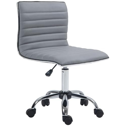 Image of HOMCOM Armless Task Desk Chair, Swivel Office Chair with Faux Leather, Adjustable Seat Height, Chrome Base, Wheels for Home, Light Grey