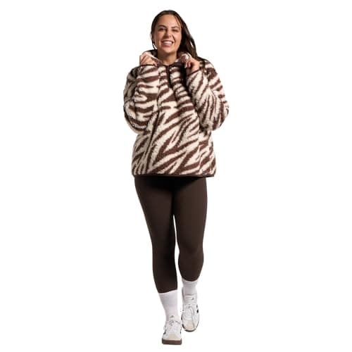 Image of OHS Fleece Jacket Women Half Zip, Zebra Print Teddy Fleece Jacket Soft Cosy Warm Winter Clothing Women's Jackets Sweatshirt Women's Jumpers Long Sleeve Ladies Jackets Top for Outdoor, Brown - S/M