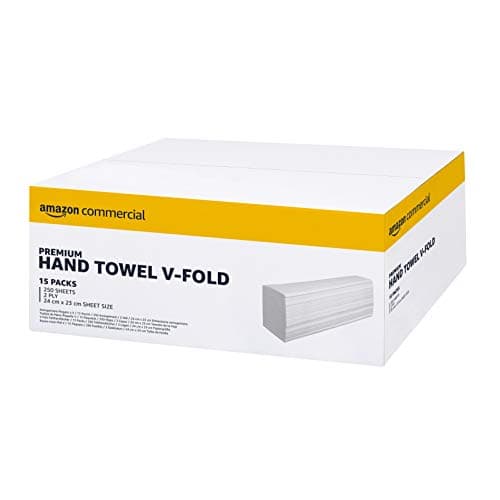 Image of AmazonCommercial Singlefold (V-Fold / ZZ-Fold) Paper Hand Towels, 2-ply Deinked, 3750 Sheets (15 packs of 250), Sheet Size: 24 x 23 cm, H3 Dispenser Compatible