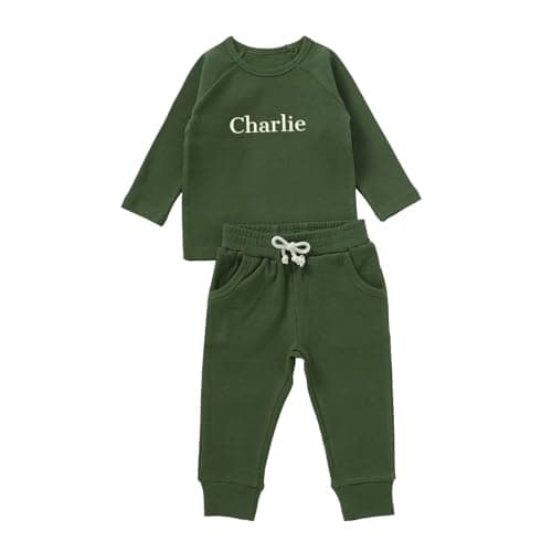 Image of cribstar Personalised Baby Ribbed Tracksuit Set Organic Cotton Custom Embroidered Name 2 Piece Outfit Toddler Boys Girls Unisex Gift (Khaki Green, 12-18 months)