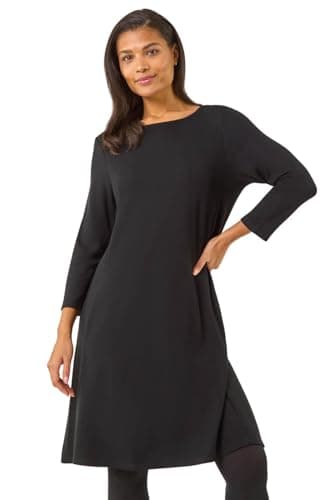 Image of Roman Originals Women A-Line Pocket Detail Swing Dress - Ladies 3/4 Sleeve Casual Longline Tunic Fit and Flare Workwear Daywear Front Pocket Knitted Jersey Dress - Jet Black - Size 20