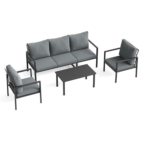 Image of Amopatio 5-Seater Metal Garden Furniture Set, 4-Piece Weatherproof Outdoor Patio Conversation Set with Cushions, Modern Iron Sofa Set for Balcony, Yard & Terrace, Grey