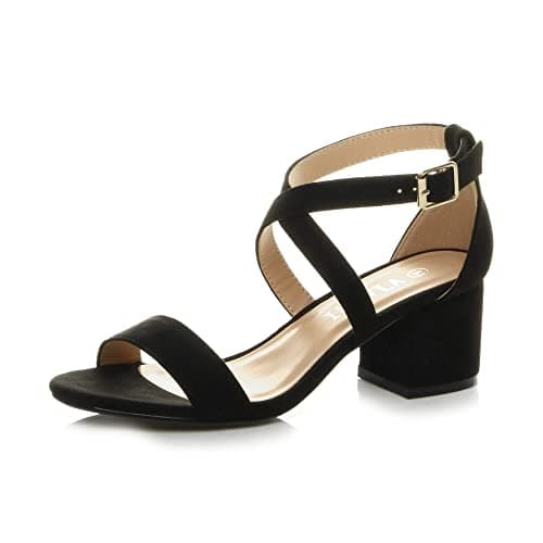 Image of Ajvani Womens Ladies mid Low Block Heel Cross Straps Party Strappy Sandals, Black Suede, 8 UK