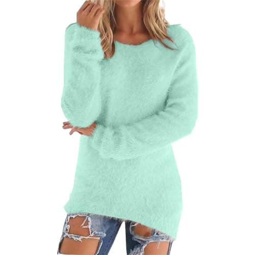 Image of Womens Sweatshirts UK Autumn Winter Warm Pullover Sweatshirts Casual Plus Size Long Sleeve Thermal Jumpers Ladies Soft Cozy Fuzzy Plush Pullovers Loose Slouchy Sweater Tops(Mint Green,3XL)