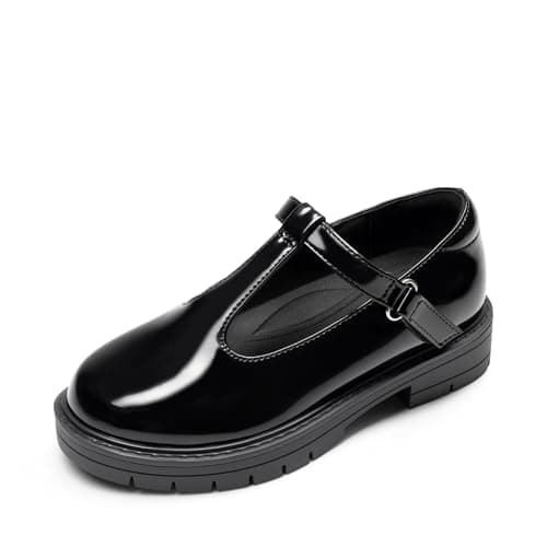 Image of DREAM PAIRS Girls Mary Jane Dress Shoes Chunky Platform School Uniform Shoes T-Strap Oxfords Loafers Star Flats,Size 11 Little Kid,Glossy Black,KKUMFA2505