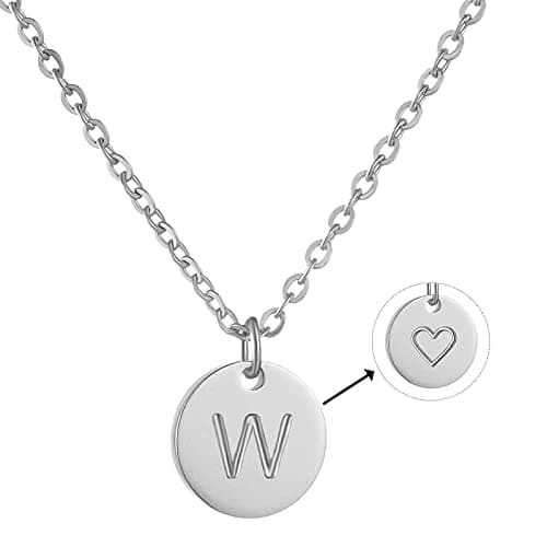 Image of AFSTALR Initial Letter Necklace for Women Round Pendant with W Heart Necklace Personalized Birthday Jewellery Gifts Silver