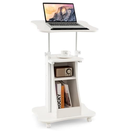 Image of COSTWAY Mobile Laptop Table, Height Adjustable Sit Stand Desk Podium Stand Presentation Cart with Wheels, Shelves and Storage Cabinet, Home Office PC Computer Workstation (White, 55 x 40 x 71-120cm)