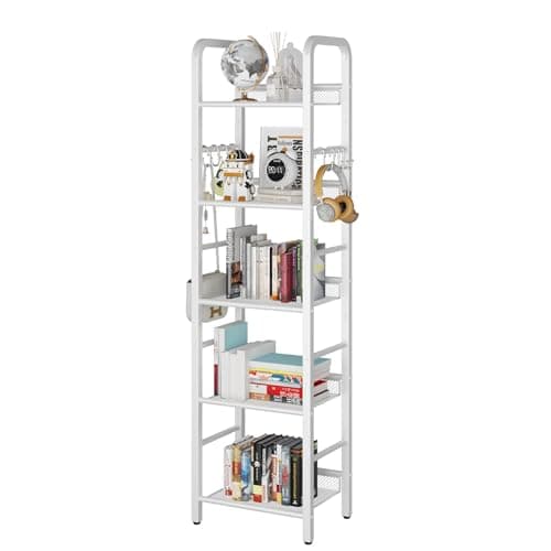 Image of YMYNY Bookshelf, Bookcase, 5-Tier Storage Shelf, Metal Shelving Unit, 8Pcs S Hooks, Modern Style, 36 x 27 x 146 cm, Corner Shelf, Display Units for Living Room, Bedroom, Office, White HBC055W