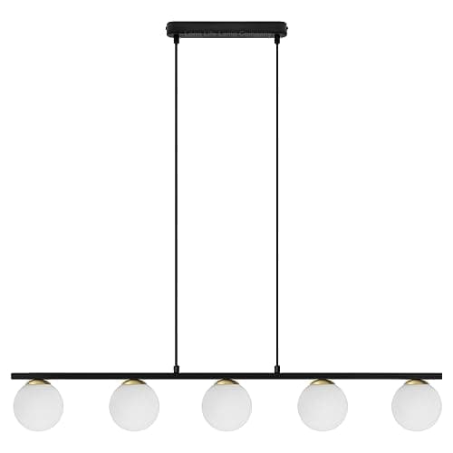 Image of 5 Lights Pendant Light Cluster Mini Glass Globe Shades Frosted Opal, Modern Black Ceiling Lamp Fixture with Brass H3086