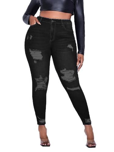 Image of Vaimti Plus Size Women's Distressed Ripped Denim Jeans, High Waist Skinny Fit (UK, Alpha, 4XL, Plus, Regular, Black)