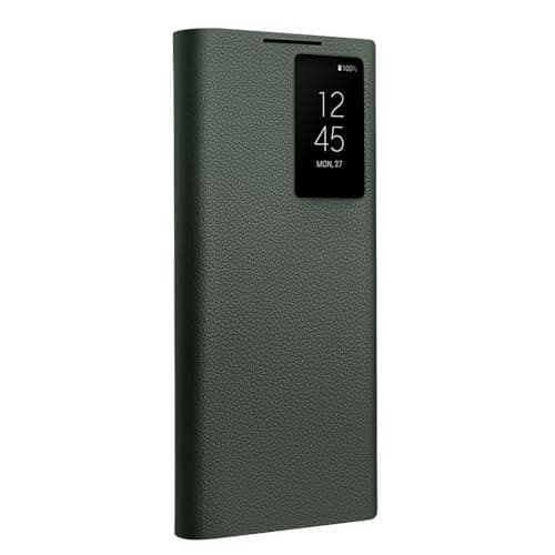 Image of Genuine Leather Smart Case for Samsung Galaxy S23 Ultra - Light Phone Cover with Smart View - Green