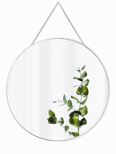 Image of GreyZouq Large Silver Round Metal Rimmed Wall Mirror with Chain (50cm). Perfect for Bathroom, Bedroom Hallway and Living Room Contemporary Vintage.